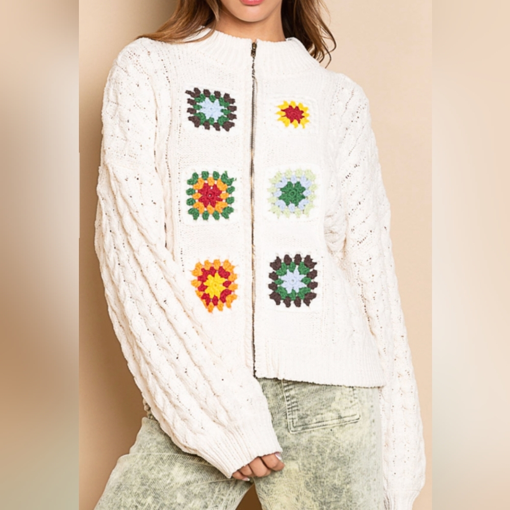 NWT - POL Cream Jacket with Colorful Crochet Granny Squares, Size L